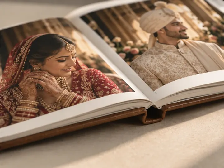 Album spread with bride and groom portraits on a leather-bound cover