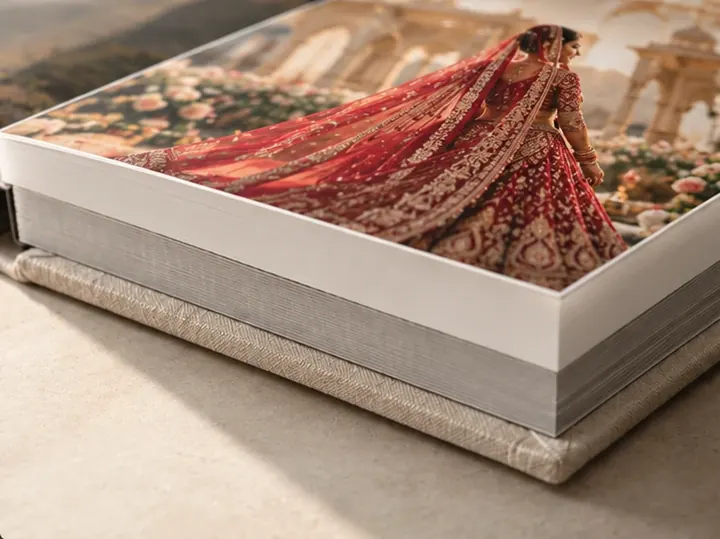 Close-up of thick layflat album pages with a bridal lehenga photograph