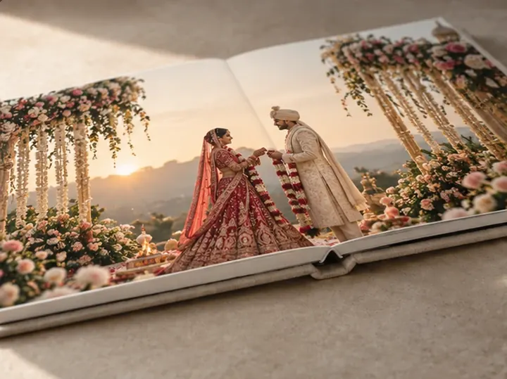 Layflat wedding album open on a varmala ceremony spread at sunset