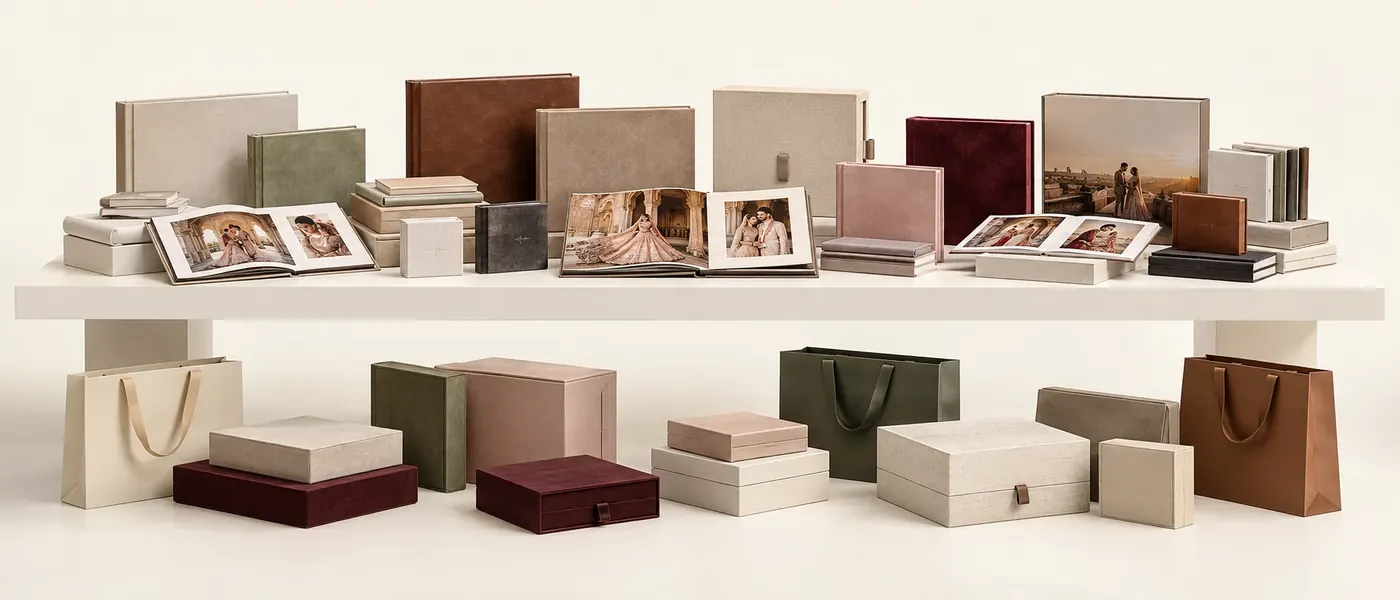 Bright Photobook range: layflat albums and photobooks in linen, leather, suede and velvet covers, with matching presentation boxes and carry bags