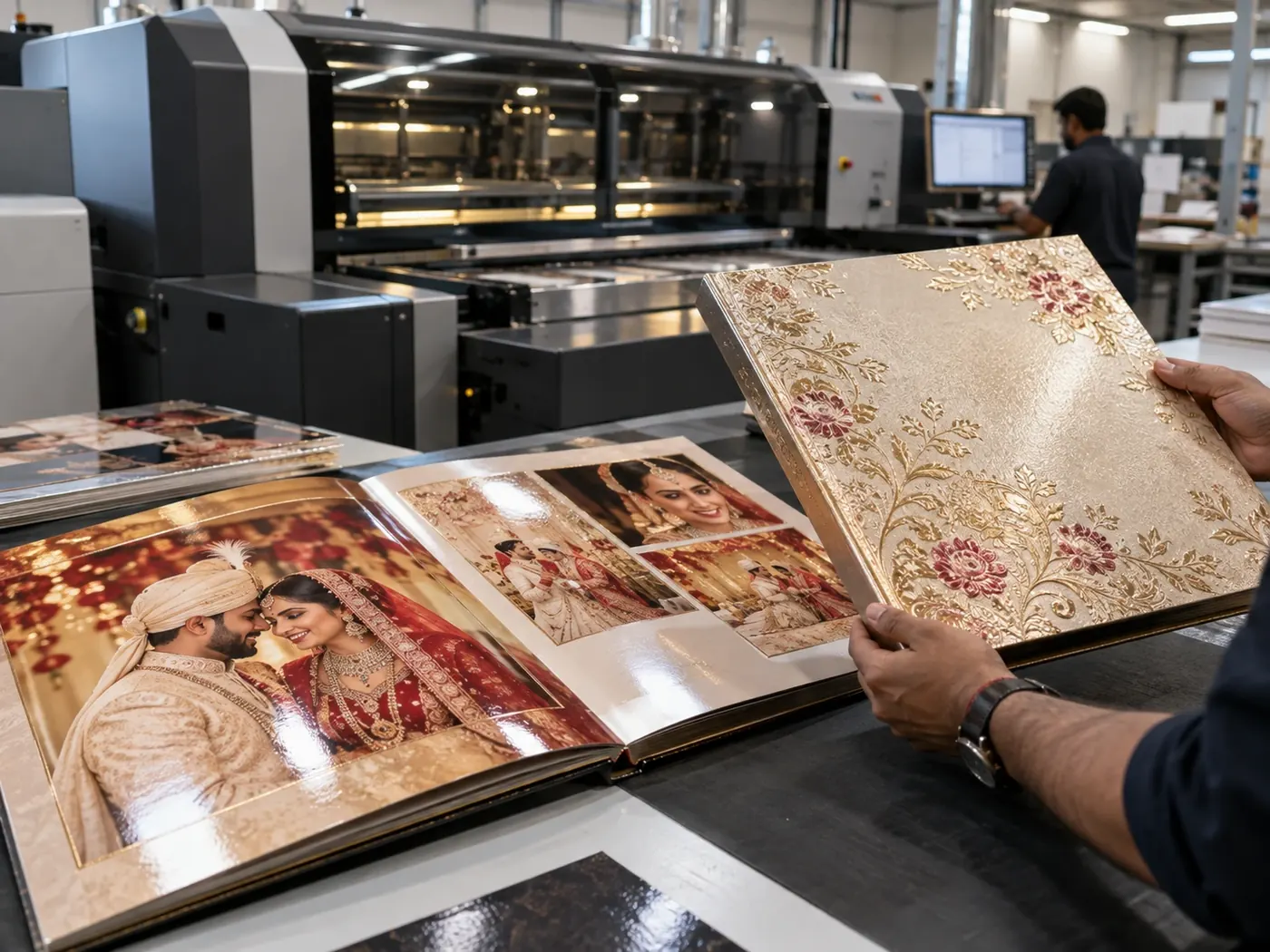 Finished wedding album with laminated spreads and a Scodix-embossed gold cover in the production room
