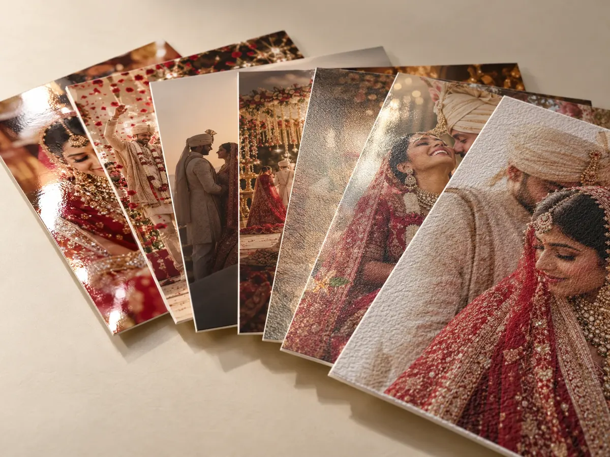 Wedding prints fanned out on glossy, lustre, matte, metallic and textured photographic papers