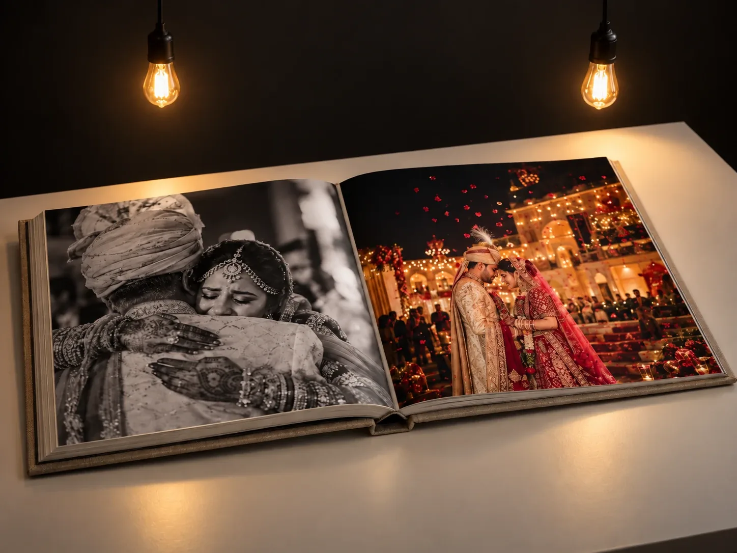 Gloss finish preview. Open wedding album under two warm hanging bulbs: black-and-white Indian bridal embrace on the left page, colourful night wedding portrait on the right page