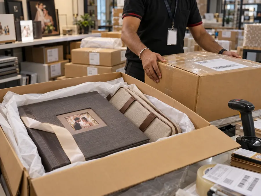 Wedding album and carry bag packed in tissue inside a shipping carton, with a labelled parcel ready for tracked courier dispatch
