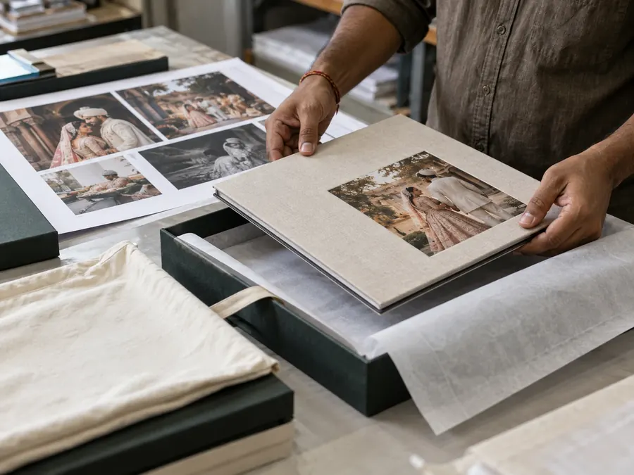 Finished linen photo-cover wedding album being checked and laid in tissue inside its presentation box, beside the printed spreads