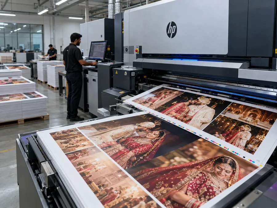 Operator running an HP Indigo digital press as printed wedding album spreads come off the line