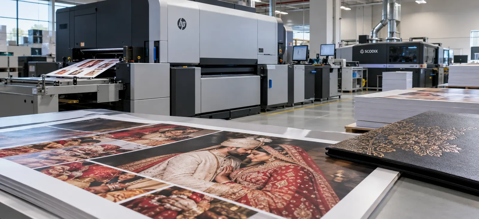 HP Indigo digital press printing wedding album spreads, with a Scodix enhancement press behind